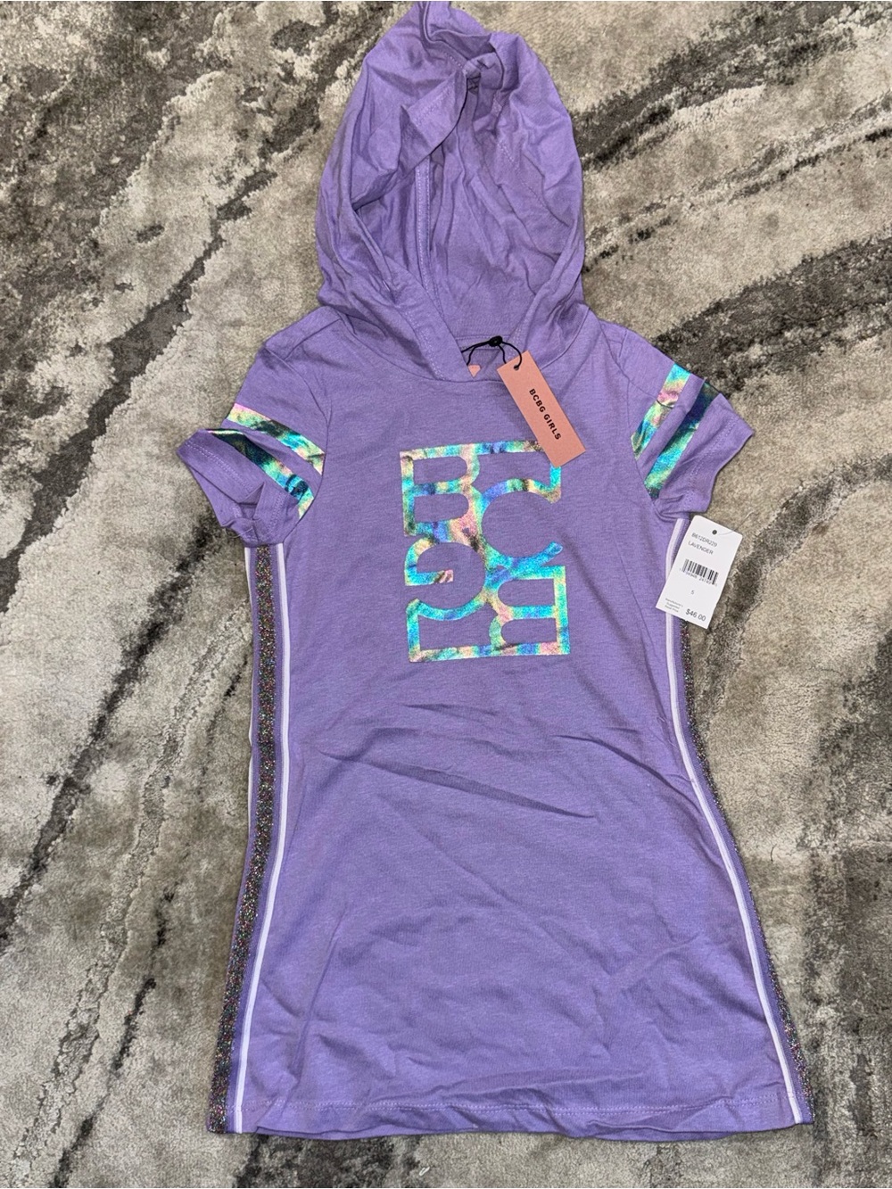 BCBG Girls Purple Hooded Tee Dress with Iridescent Logo